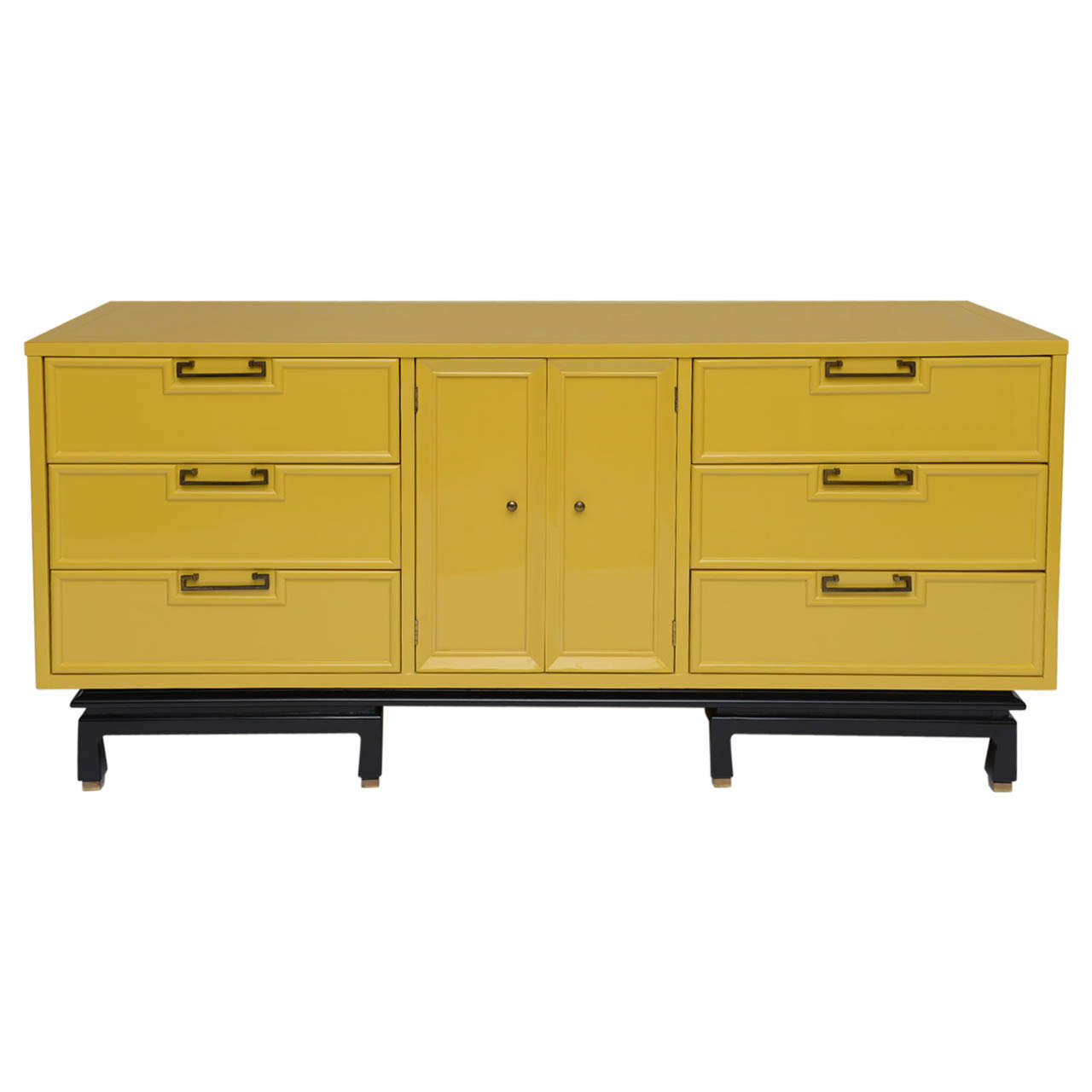 Fine 1960s Asian Inspired Mustard Lacquer Nine Drawer Dresser at