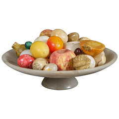A Vintage Alabaster Compote With a Large Collection of Carved Marble Fruit & Russian Stone Eggs