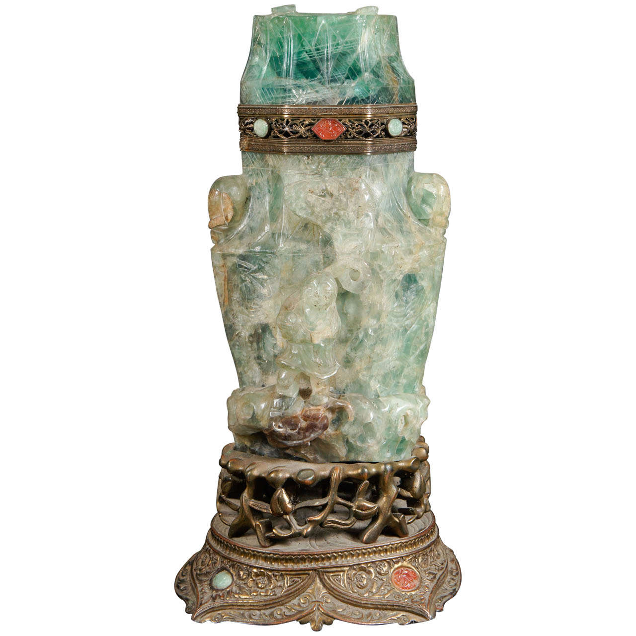 19th Century Chinese Green Quartz  Carved Urn on Stand