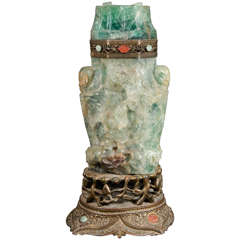 A Large 19th Century Chinese Green Quartz Carved Urn on Stand 7