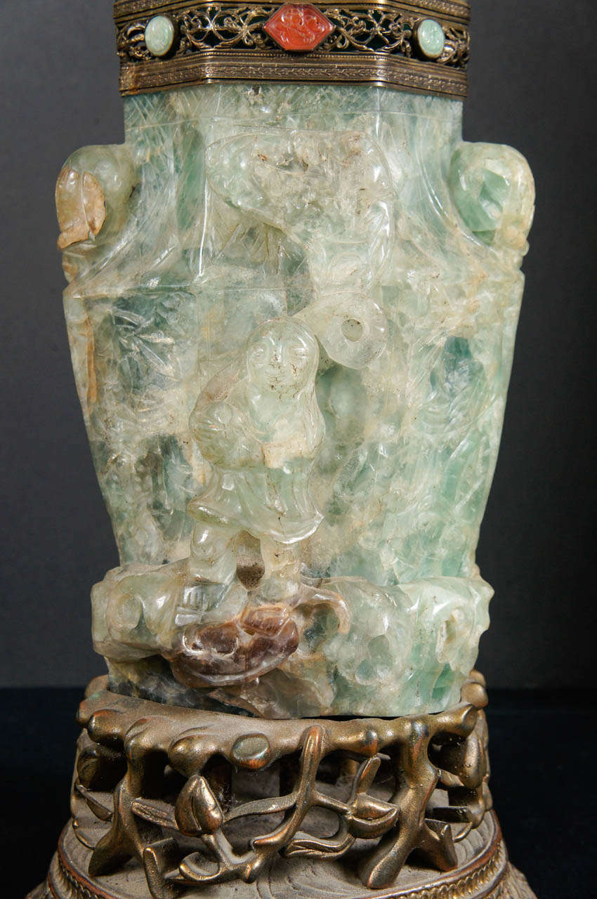 19th Century Chinese Green Quartz  Carved Urn on Stand In Good Condition In Hudson, NY