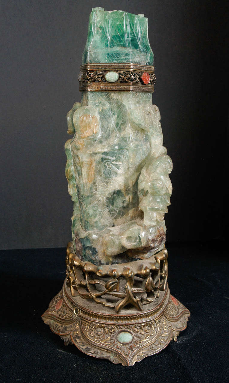 19th Century Chinese Green Quartz  Carved Urn on Stand 1