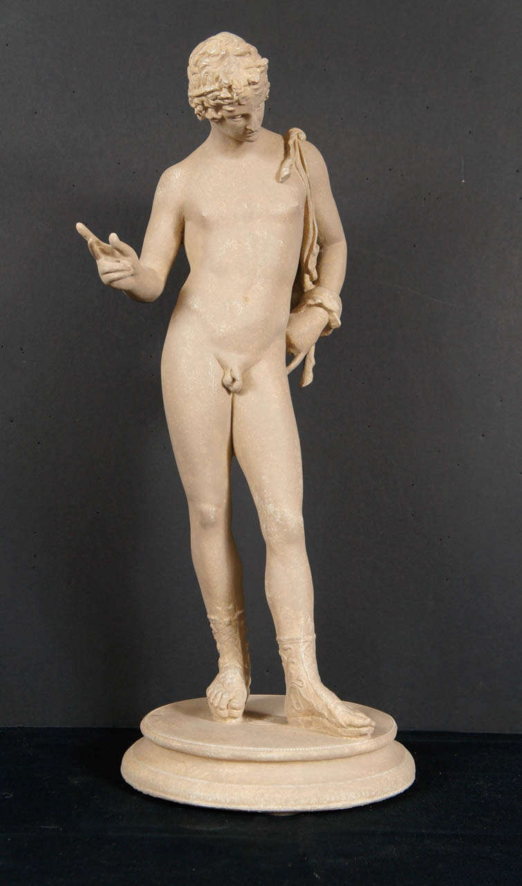 This late 19th to early 20th century plaster figure or Narcissus with its original old surface is a maquette of an ancient classical statue. Purchasable in marble, bronze and in plaster these figures were for teaching and the showing of ones