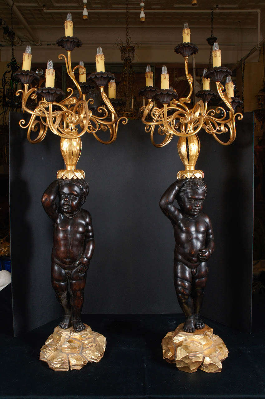This large pair of carved wood putti on gilded rockwork bases are from the 19th century. The candelabra tops in gilded iron and carved wood most likely are from the early 20th century. Combined then to create an incredible pair of lighted sculptures
