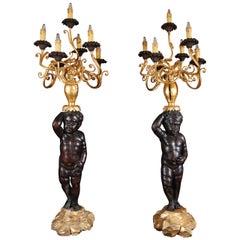 Pair of Large Carved and Gilded Wood Baroque Putti and Gilded Iron Candelabra 