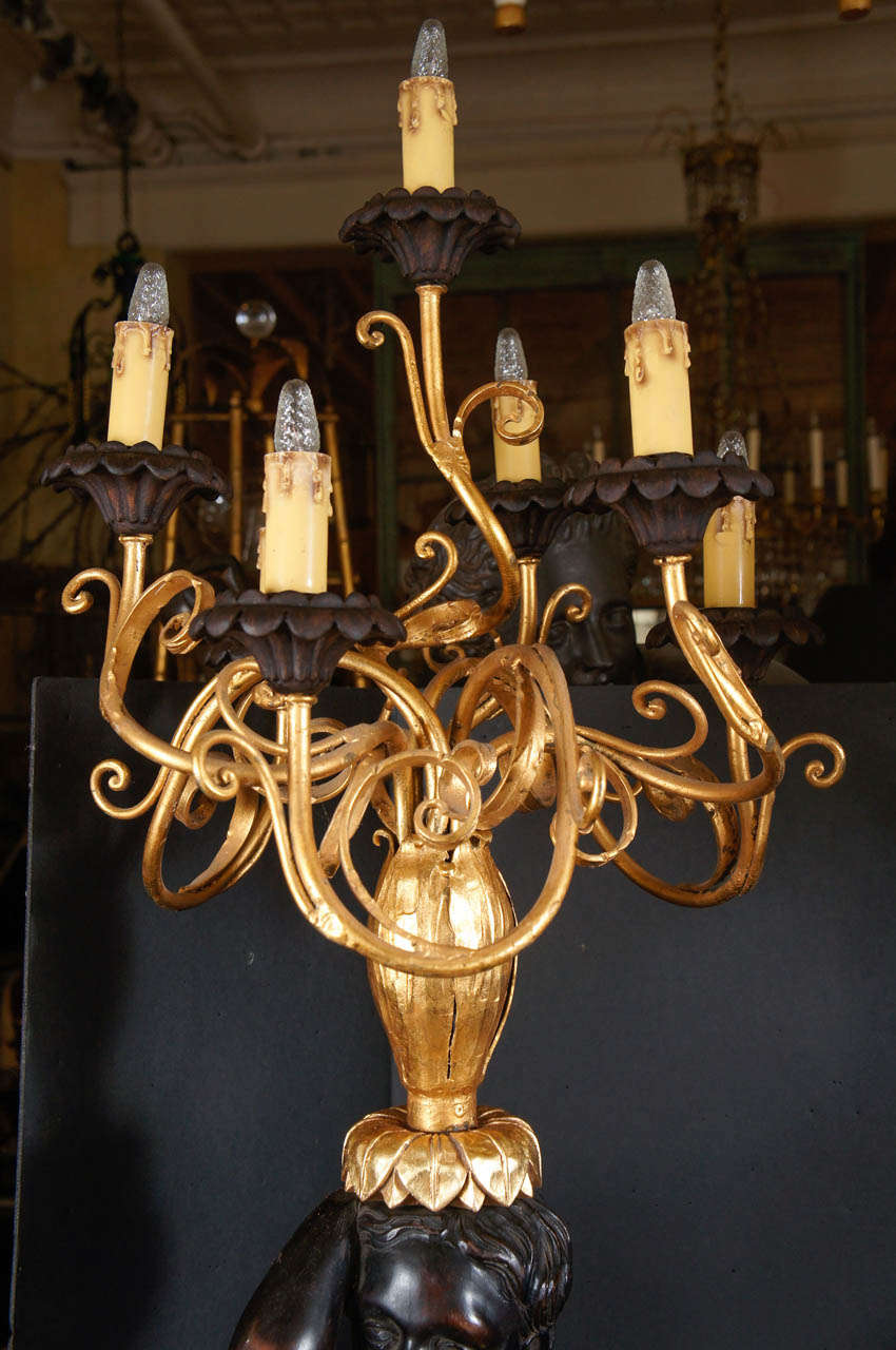 20th Century Pair of Large Carved and Gilded Wood Baroque Putti and Gilded Iron Candelabra  For Sale