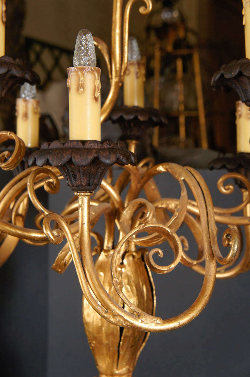 Giltwood Pair of Large Carved and Gilded Wood Baroque Putti and Gilded Iron Candelabra  For Sale
