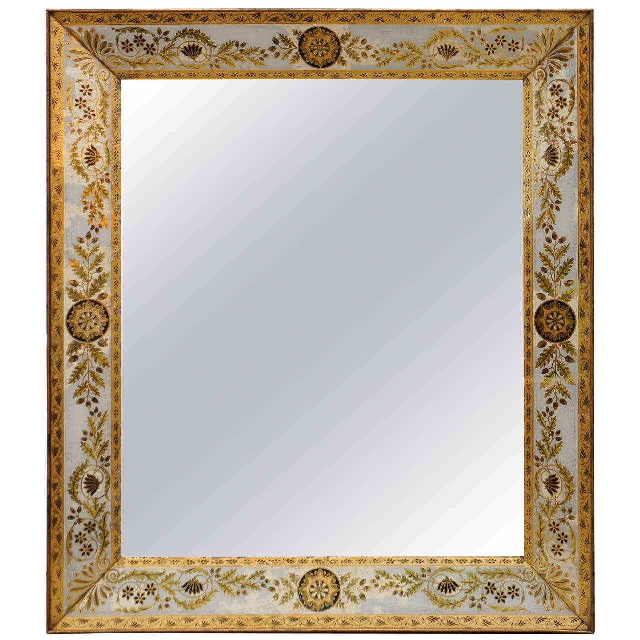 An Elegant Eglomise Mirror with Medallion and Leaf Motif For Sale