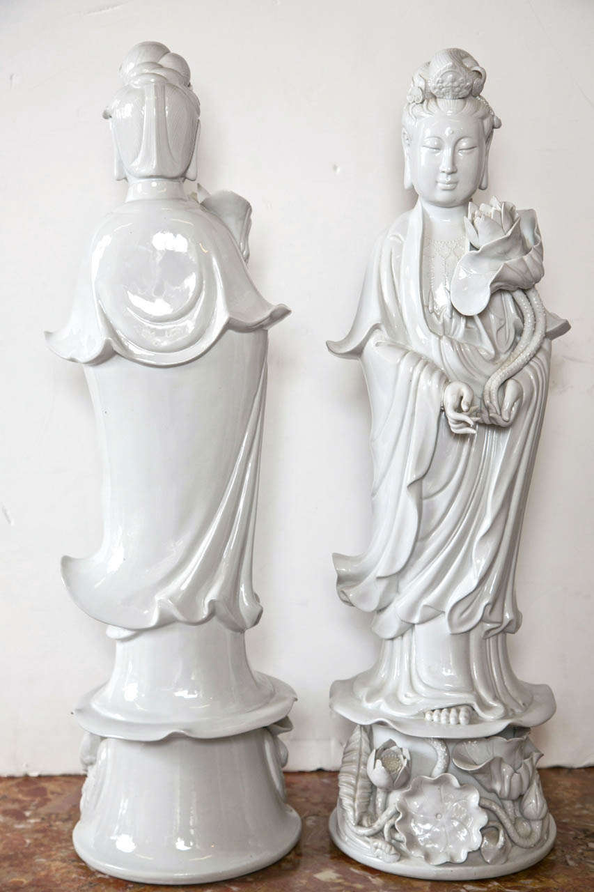 Pair Chinese Blanc de Chine Porcelain Female Figures 1