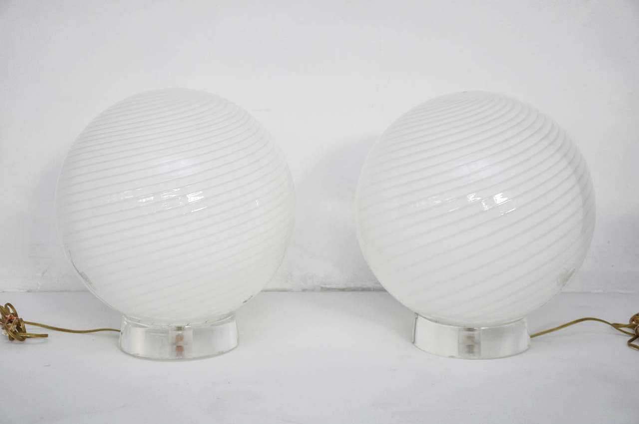 Large Murano glass orb table lamps by Vetri. Lucite bases.
