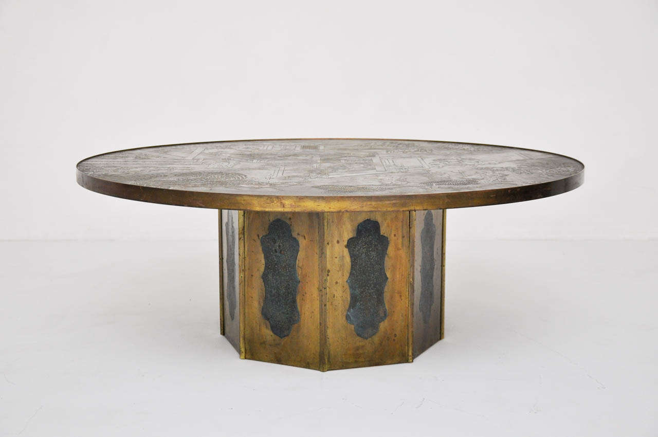 Chan coffee table by Philip and Kelvin LaVerne. Beautiful polychrome design over bronze with blue or green finish inset base.