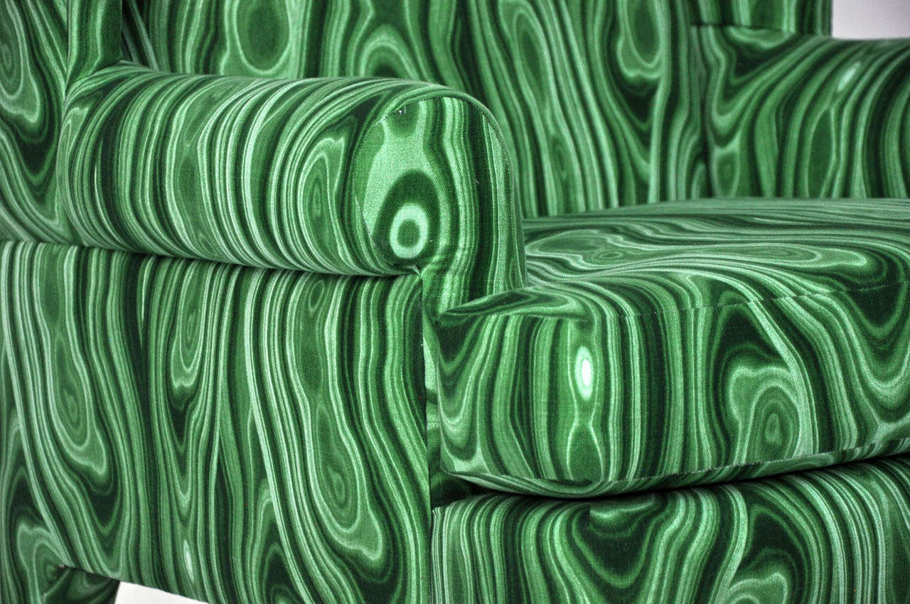 Faux Malachite Wingback Lounge Chairs In Excellent Condition In Chicago, IL