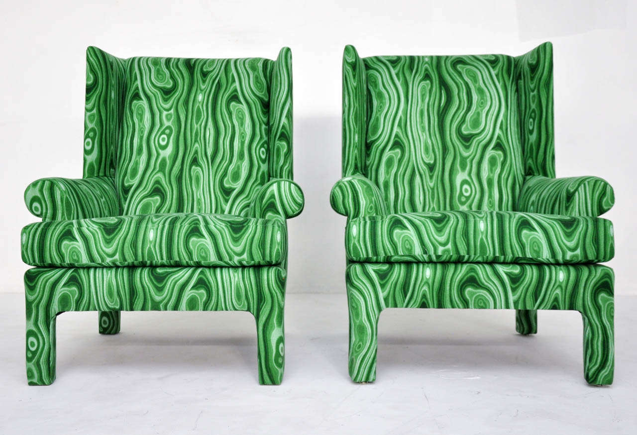 Fabric Faux Malachite Wingback Lounge Chairs