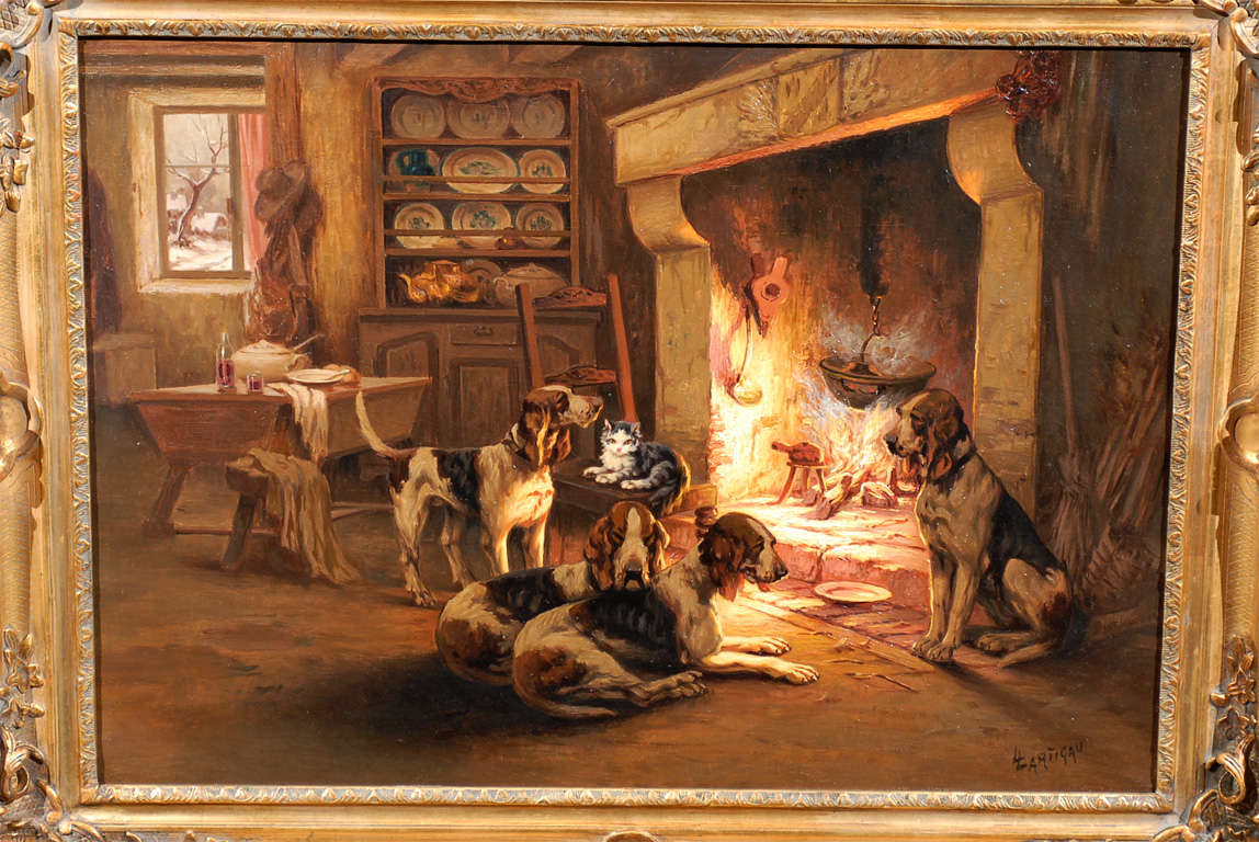 European French Oil on Canvas Painting by Louis Lartigau Depicting Dogs with Fireplace