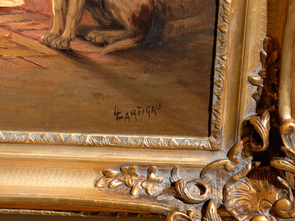 French Oil on Canvas Painting by Louis Lartigau Depicting Dogs with Fireplace In Excellent Condition In Atlanta, GA