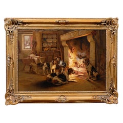 French Oil on Canvas Painting by Louis Lartigau Depicting Dogs with Fireplace