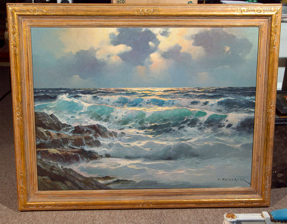 A large oil on canvas of seascape with a beautiful custom frame, signed by A. Dzigurski. <br />
<br />
ALEXANDER DZIGURSKI Sr.<br />
Serbian<br />
(1911 - 1995)<br />
<br />
Alexander Dzigurski was born of Serbian parents in 1911 in Stari