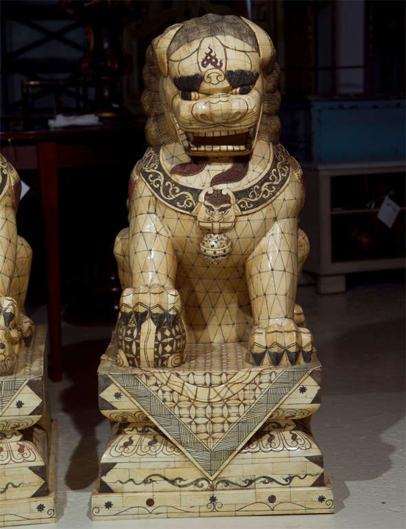 Mid-20th Century Pair of Palace Sized Bone Foo Dogs Sculptures