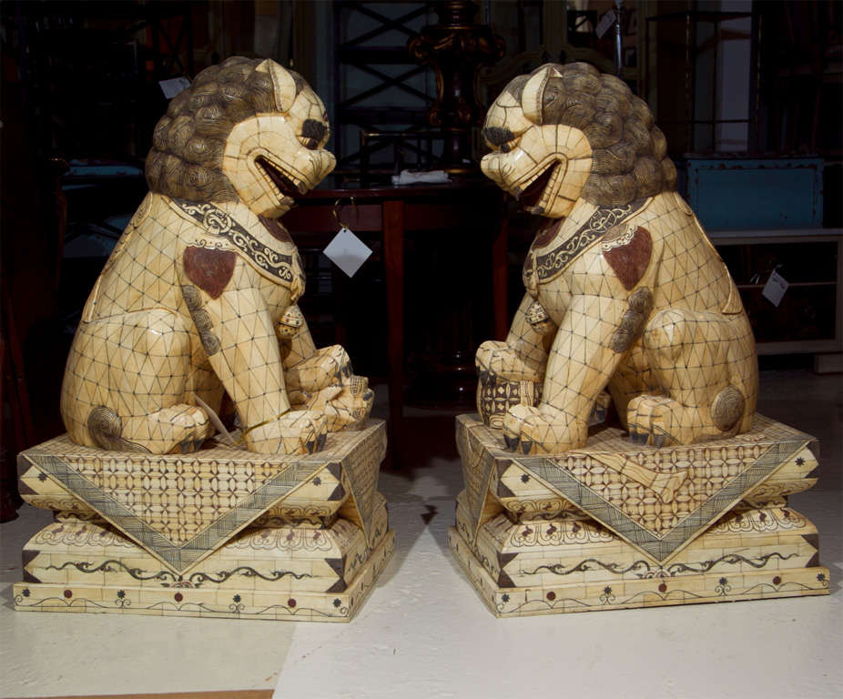 Pair of Palace Sized Bone Foo Dogs Sculptures 1
