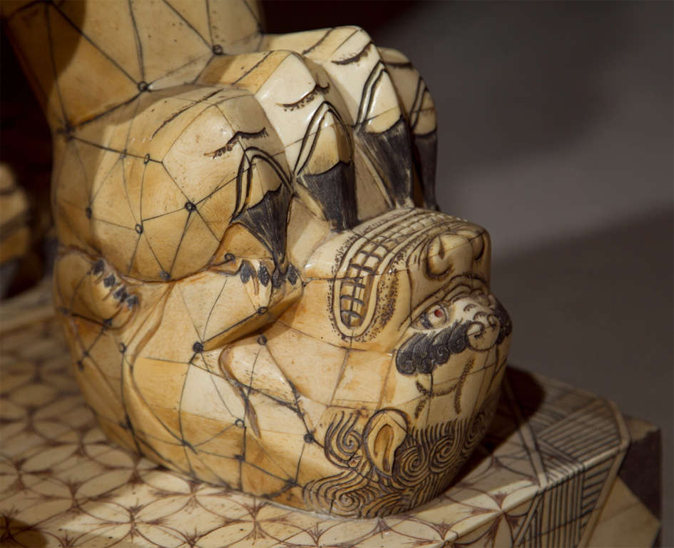 Pair of Palace Sized Bone Foo Dogs Sculptures 4