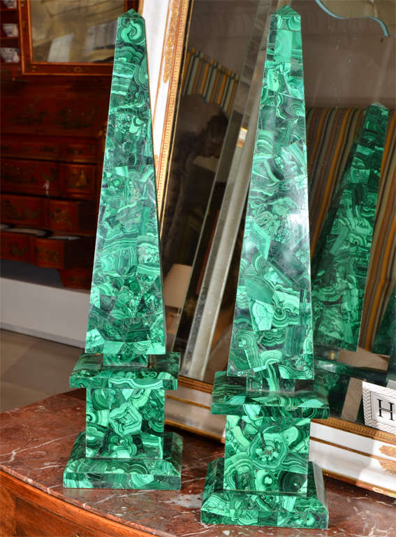 Amazing Pair of Malachite Veneered Obelisks,<br />
of tapered form on square plinth bases