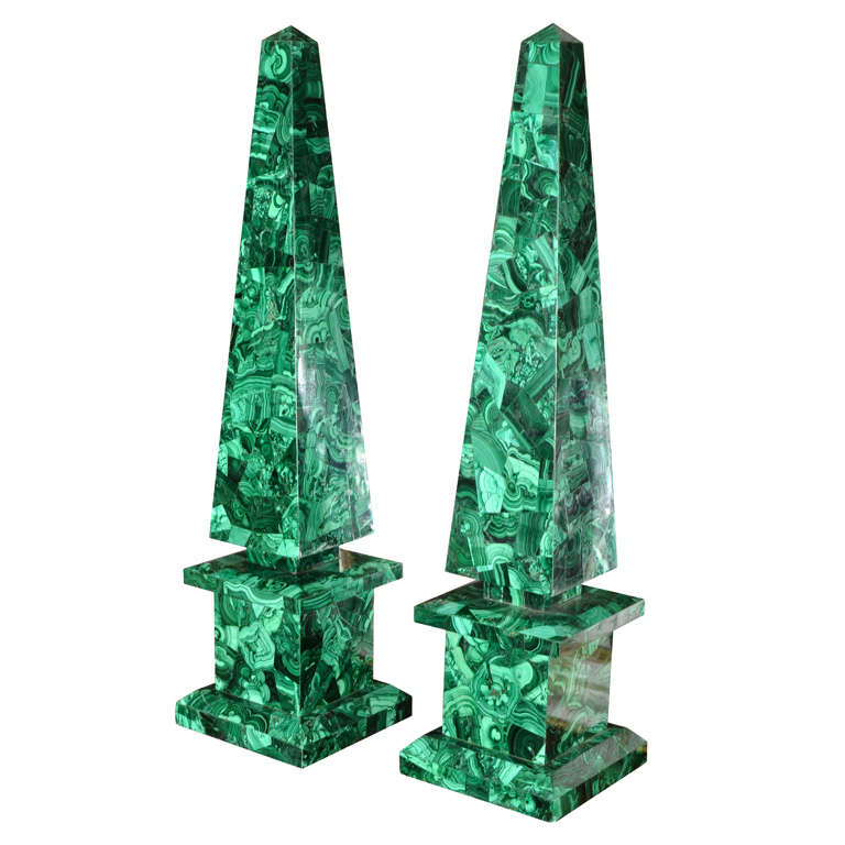 Pair of Malachite Veneered Obelisks