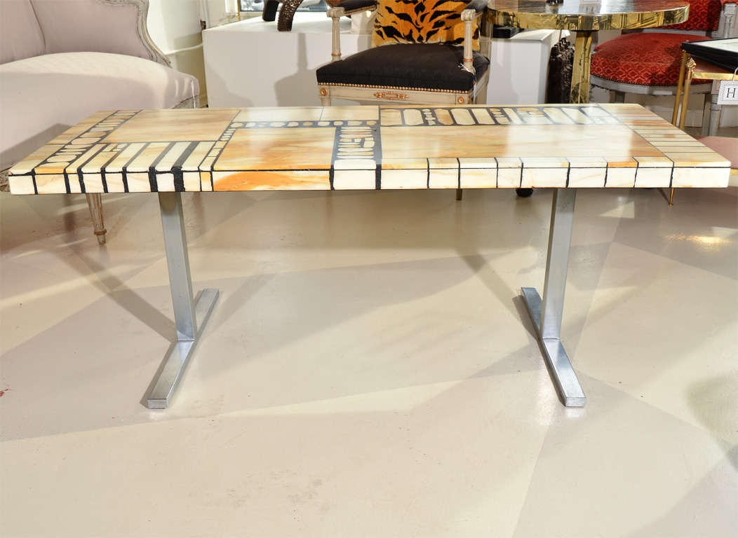 Fabulous Italian marble veneered and Scagliola coffee table on chrome frame,

Italy, circa 1960.