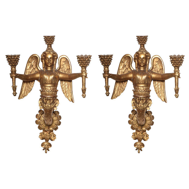 Pair of 18th/19th Century Neoclassical Carved Giltwood Sconces For Sale