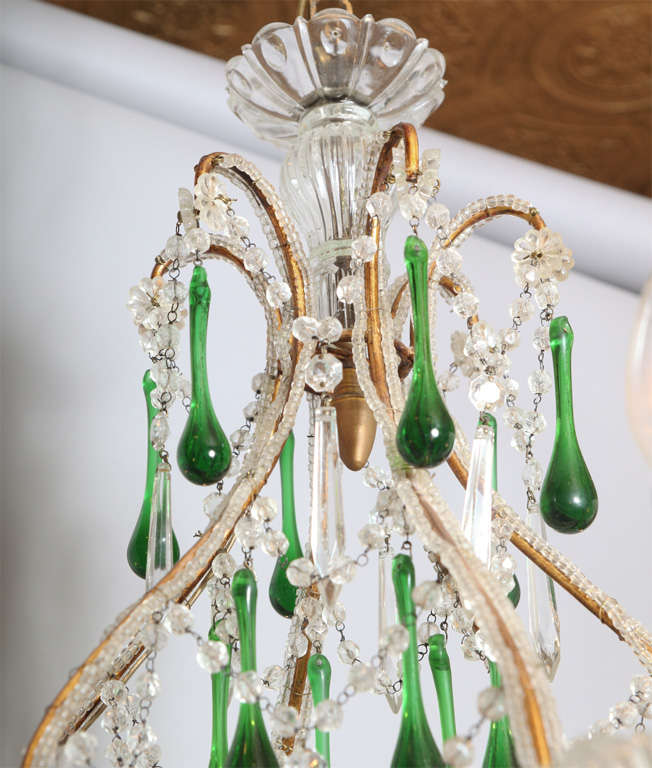 Gilt Six-Arm Maria Theresa Chandelier with Emerald Teardrop Crystals