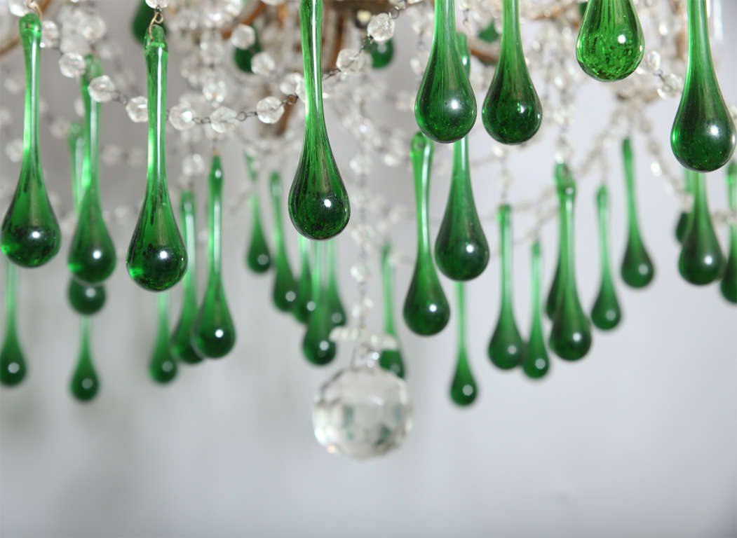 Mid-20th Century Six-Arm Maria Theresa Chandelier with Emerald Teardrop Crystals