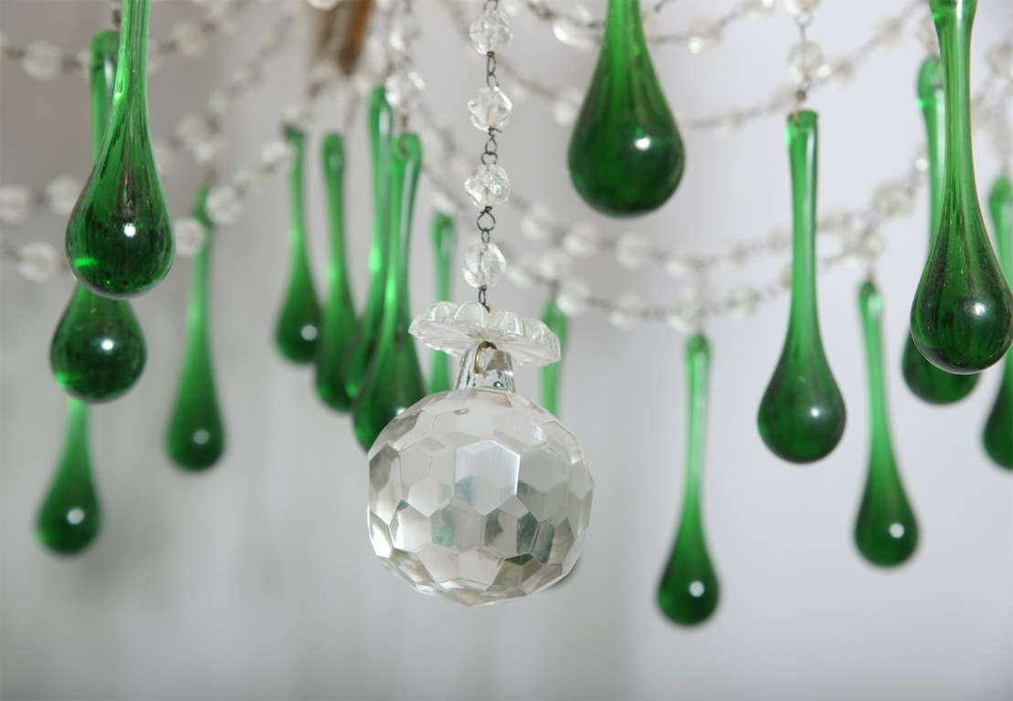 Glass Six-Arm Maria Theresa Chandelier with Emerald Teardrop Crystals