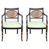 Pair of Regency Style Armchairs with Caned Medalian Backrest
