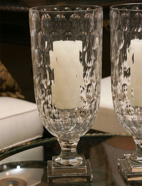 Pair of Deco Crystal Hurricanes In Excellent Condition In Southampton, NY