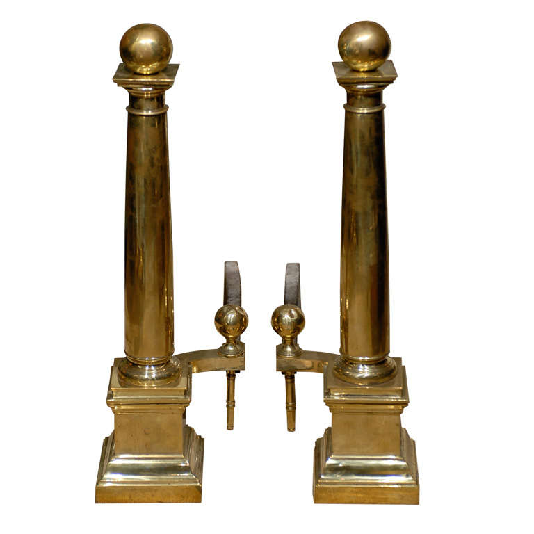 PAIR OF ELEGANT NEOCLASSSICAL BRASS ANDIRONS