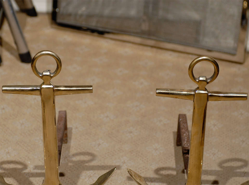 Pair of Mid-20th Century Brass Anchor Andirons 2