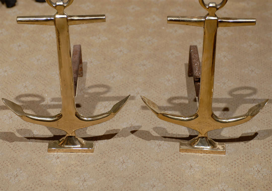 Pair of Mid-20th Century Brass Anchor Andirons 3