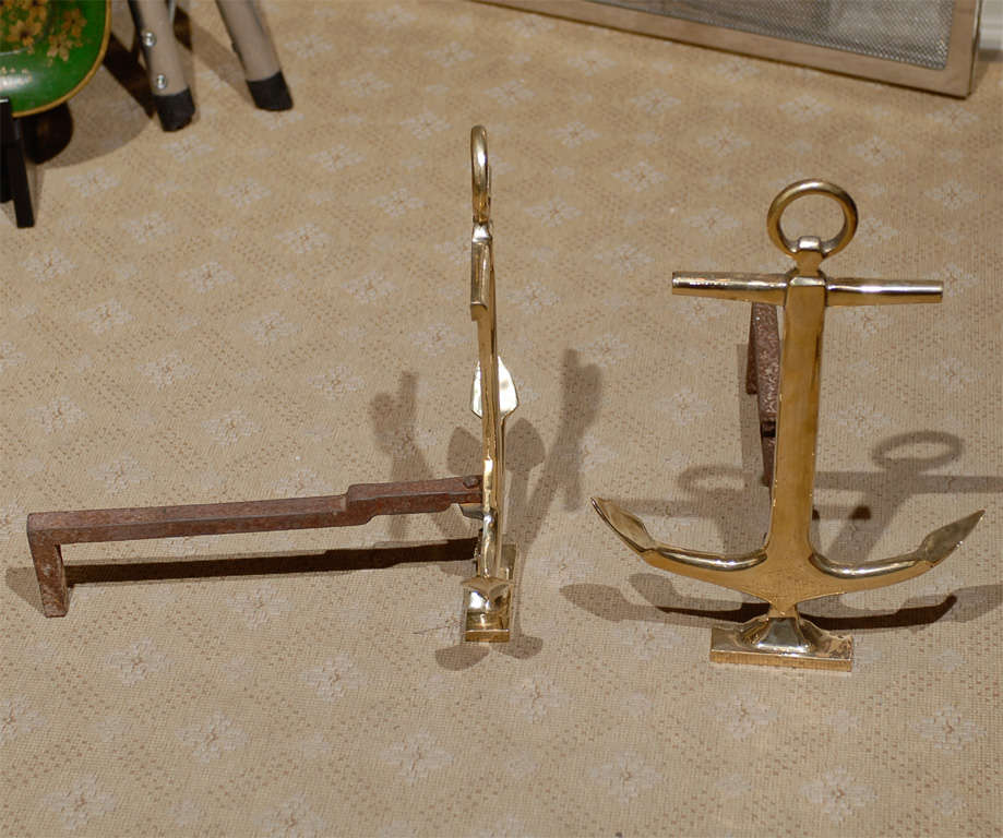Pair of Mid-20th Century Brass Anchor Andirons In Good Condition In Atlanta, GA