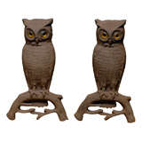 PAIR OF EARLY 20thC IRON OWL ANDIRONS WITH GLASS EYES