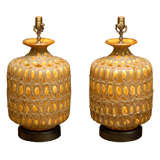 Pair Of Jumbo Mid C Glazed Pottery Lamps