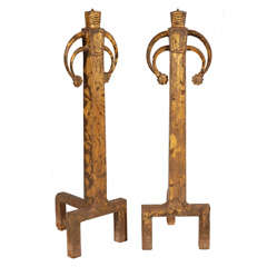 Massive Wrought Iron Andirons in the Style of James Mont