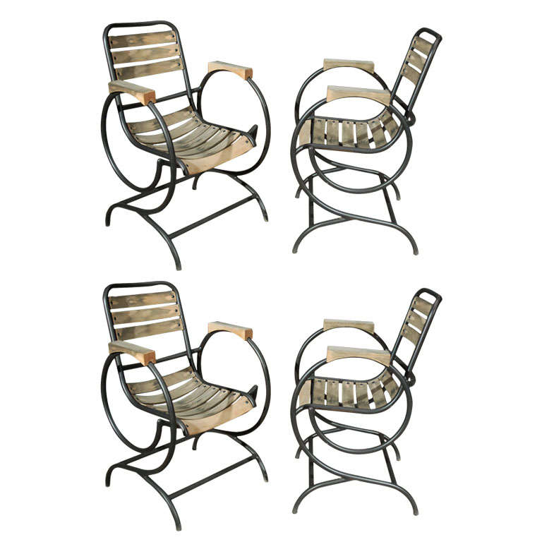 Four Italian Metal and Wood Slat Chairs, Circa 1930