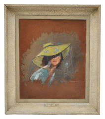 Vintage Pastel Portrait Of A French Lady In A Hat With A Veil