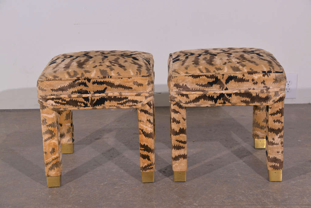 Pair of Parsons stools in velour tiger upholstery.