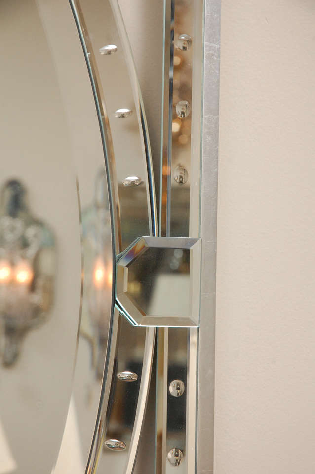 Art Deco Made to Order Oval Banded Mirror with Silver Leaf Frame For Sale