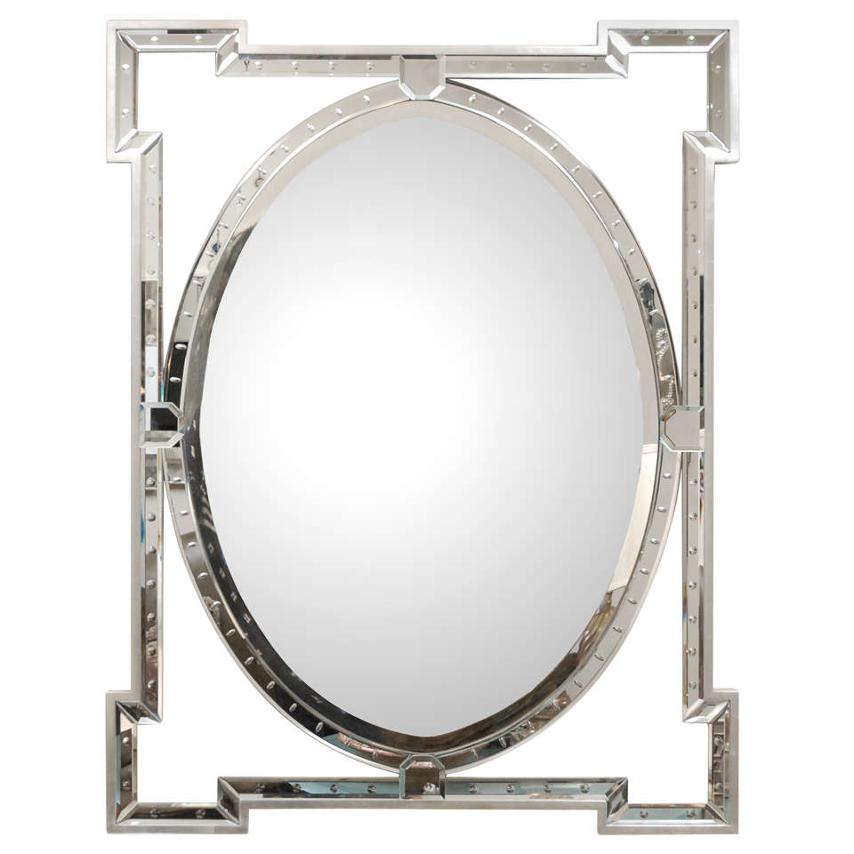 Oval Banded Mirror with Silver Leaf Frame