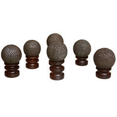 Set of 6 Steel Spheres on Mahogany Stands
