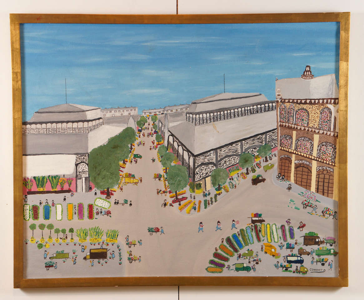 Here is a whimsical painting of a cityscape done in a naive style depicting a flower market and people enjoying the park.