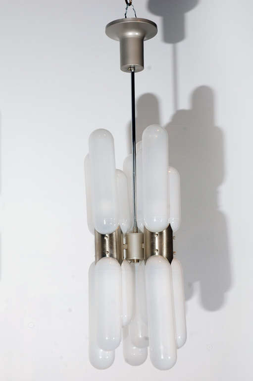 Gorgeous Murano chandelier with chrome fittings and opaline glass; original canopy.