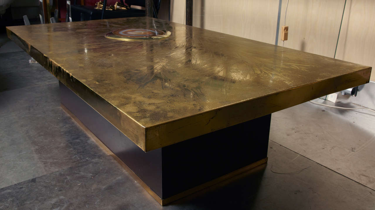 Fantastic low table by Willy Daro  with acid work on brass top with a lighting agate.