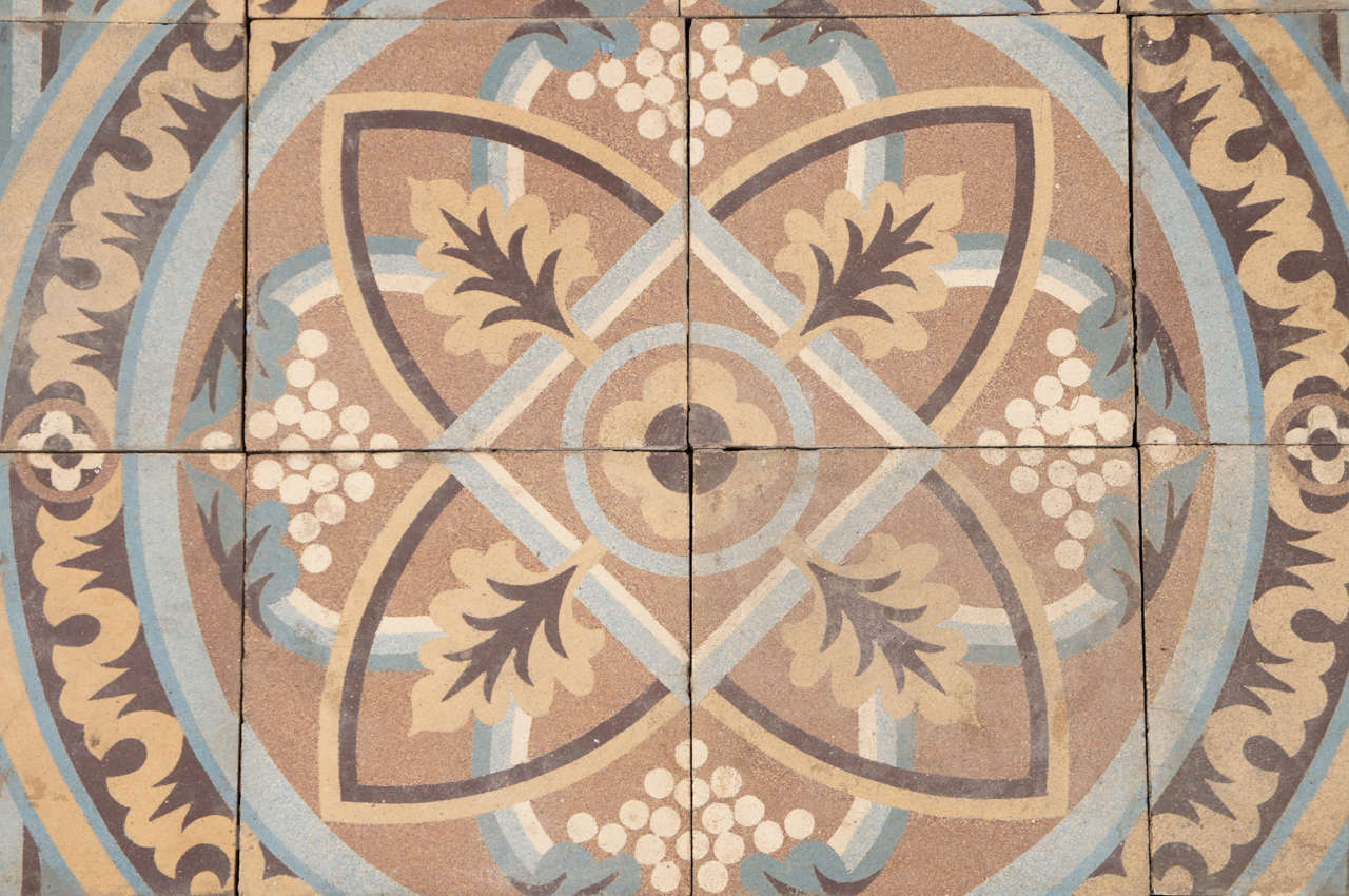 Encaustic Belgian Grape Motif Tiles in Circular Repeating Pattern In Good Condition For Sale In Hudson, NY